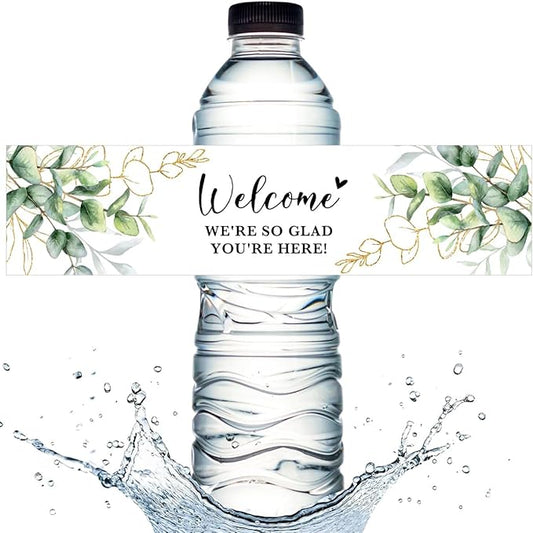 100PCS Wedding Water Bottle Labels Waterproof Greenery Floral Wraps Sticker for Water Bottle Baby Shower Bottle Label for Bridal Shower Party Welcome (Eucalyptus)