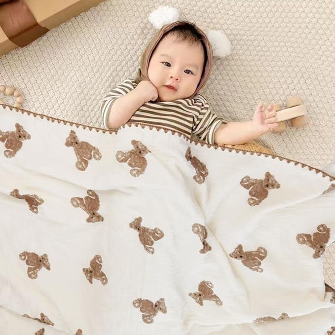 Baby Blanket Double Layer Cotton Muslin Thick Quilt Neutral 40x40Inch Soft Throw Blanket Bear Pattern