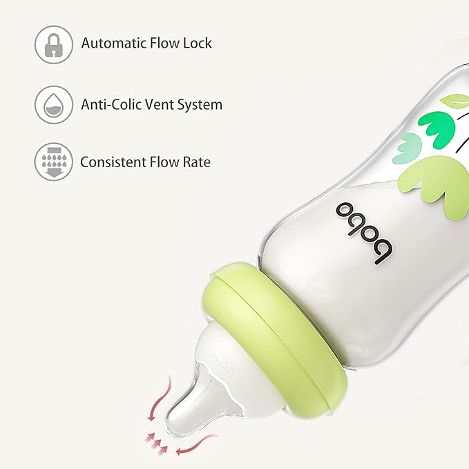 YOHKOH Natural Glass Baby Bottle with Natural Response Nipple, Newborn Anti-Colic Baby Bottles, Wide Neck Mushroom Cap Baby Bottle, Clear (Green, (5.4oz (Pack of 2))