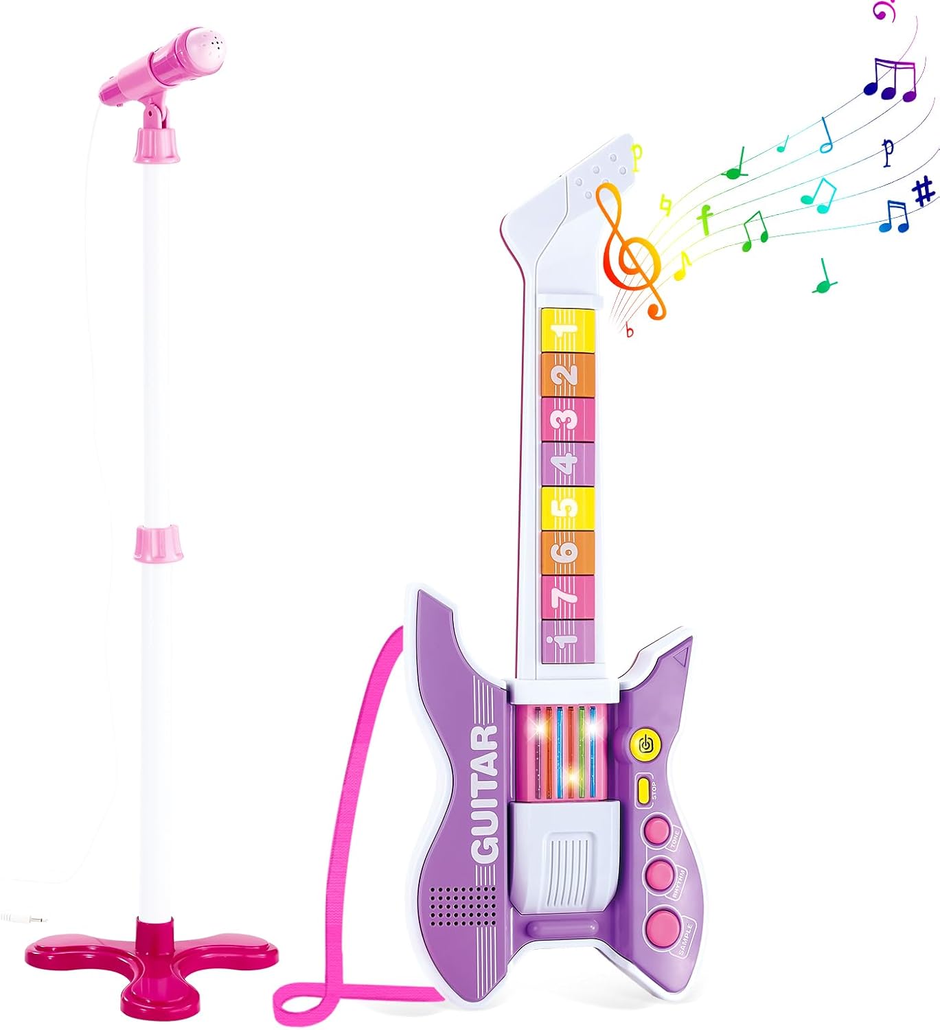 deAO Kids Guitar and Microphone Set with Stand Adjustable Height Music Light Karaoke Music Toys Christmas Birthday Gift for Kids Boys Girls (Purple)