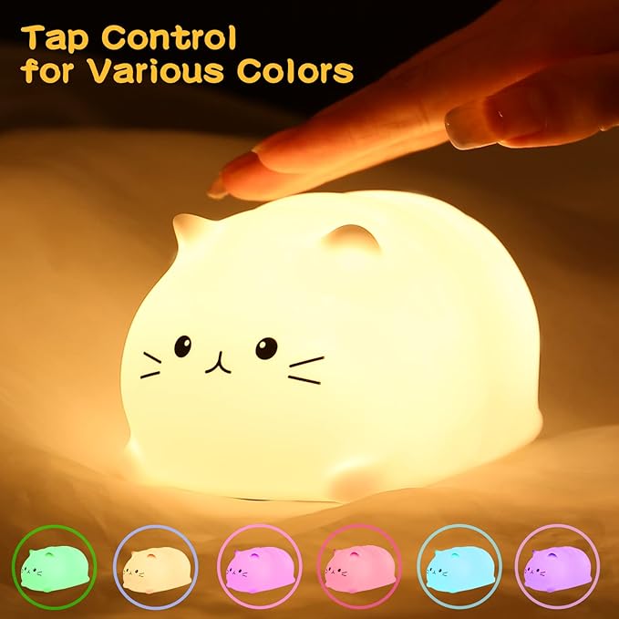 Tremdwoto Cat Night Light for Kids,Cute Colorful Night Light Baby Girl Squishy Night Lights Lamp 3 Hour Timer Kitty Light USB Rechargeable Nursery Lamp Nightlight ，Gifts for Boys and Girls