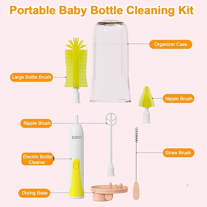 Portable Electric Baby Bottle Brush Set with Electric Bottle Brush,Nipple/Straw Brush,Milk Frother and Drying Base,Waterproof IPX7,Rechargeable Travel Bottle Cleaning Kit,Yellow