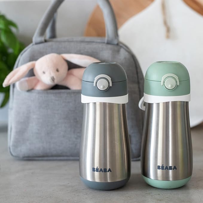 BEABA Kids Stainless Steel Insulated Water Bottle, Kids Water Bottle, Toddler Thermos with Spill Proof Spout and Close Top, Perfect for Travel, (Charcoal)