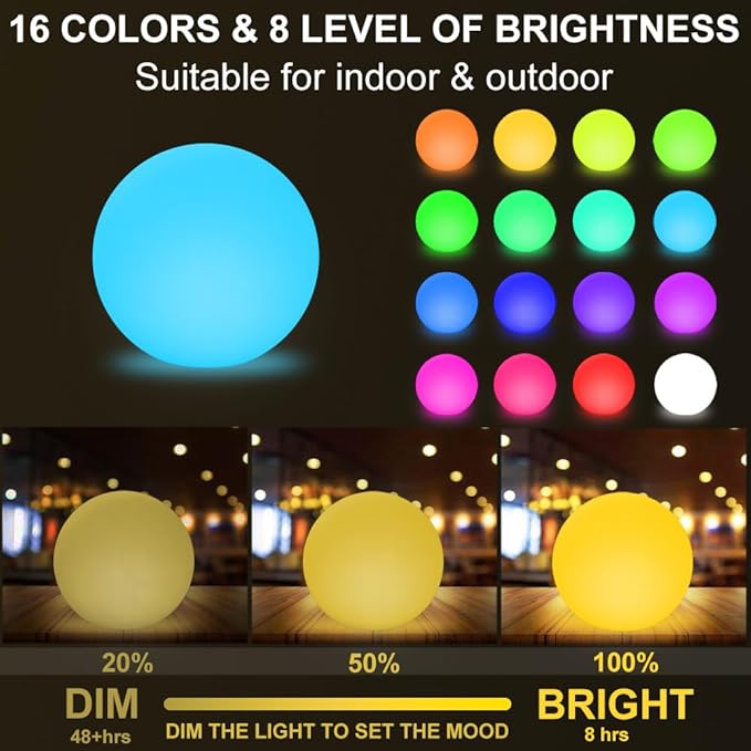 12-inch LED Glowing Ball Light w/Remote, LED Globe Orb Night Light Mood Lamp for Kid Adult, Rechargeable Dimmable RGB Color Changing Glowing Orb, Waterproof Light Up Ball for Garden Patio Party Decor