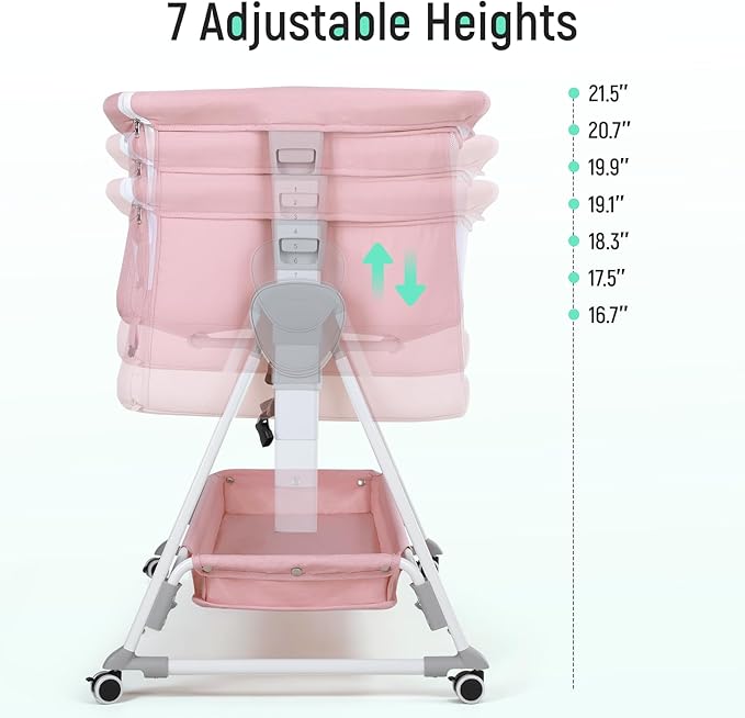 Cowiewie Bassinet Bedside Sleeper, Baby Bassinet with 7 Adjustable Height, Bedside Bassinets for Baby with Breathable Mesh Sides & Mattress, XL Storage, Easy Folding Crib (Pink and White)