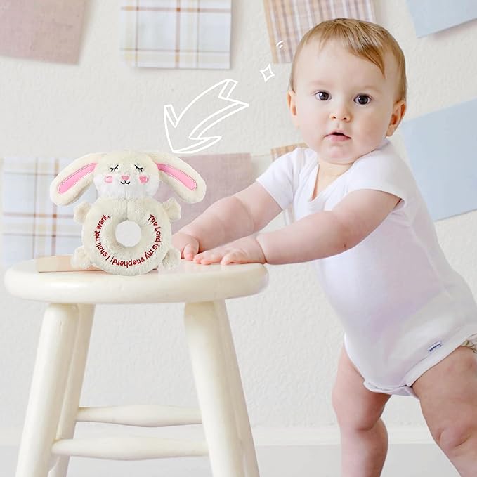 Karenhi Bunny Stuffed Animal Little Rabbit Stuffed Animal Baptism Christening Gift for Girls Praying Baptism Soft Rabbit Plush Snuggle Religious God's Bunny with Embroidered Baby Shower Nursery Decor