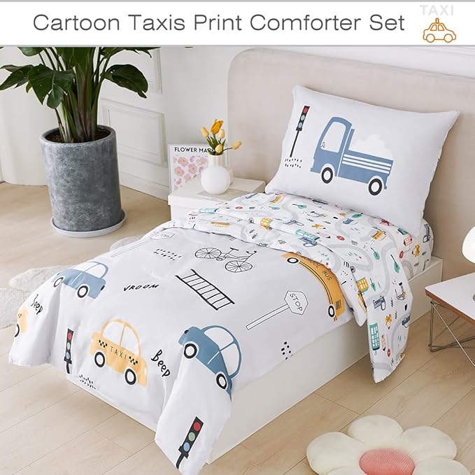 PERFEMET 4 Pcs Toddler Bedding Set - Soft Reversible Cars, Bus, Trucks Print Toddler Bed Set for Boys & Girls - Matching Sheet Set (Light Grey, Taxis/Bus/Trucks)