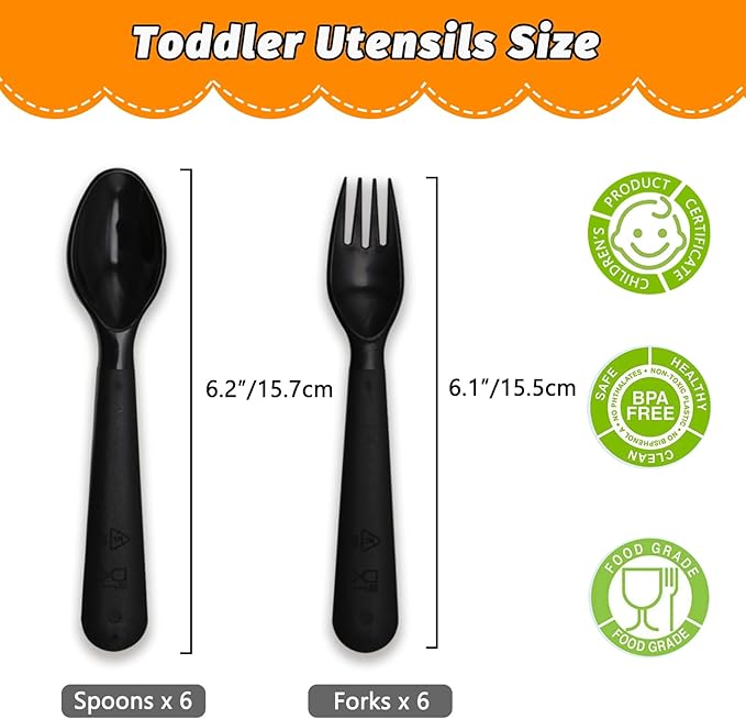 12 Pcs Kids Spoons and Forks Toddler Utensils Plastics Reusable Silverware Baby Cutlery Set Feeding Dinnerware Utensils BPA Free Microwave Dishwasher and Freezer Safe- Black