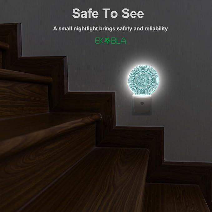 EKOBLA Mandala Night Lights Plug into Wall Teal Green Floral Mandala Flowers Night Light Dusk to Dawn Sensor Led Lamp for Boys Girls Grandma Grandpa