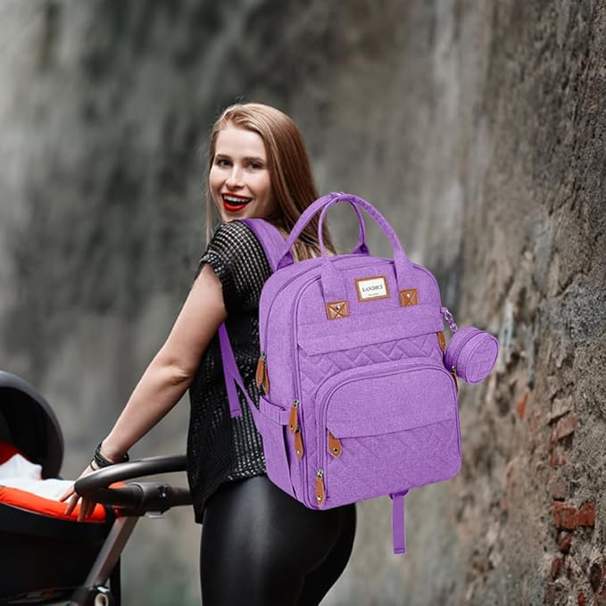 LANDICI Diaper Bag Backpack, Multifunction Baby Diaper Bags with Changing Pad, Stroller Straps & Pacifier Case, Travel Essentials Back Pack for Mom Dad Boy Girl, Large Capacity, Waterproof, Lavender