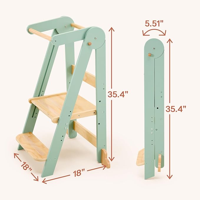 Nordi Foldable Toddler Kitchen Tower, Montessori Kitchen Stools Helper, Standing Tower with 3 Adjustable Heights, Suitable Age for 2-6 Years, Sage