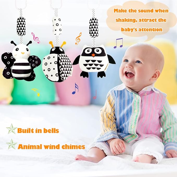 KAKIBLIN Baby Hanging Toy,3 Pack Black and White Baby Toys for 3 6 9 12 Months, High Contrast Hanging Toys,Plush Soft Stroller Rattles Toy for Boys and Girls(21CM, Ladybug,Bee & Owl)
