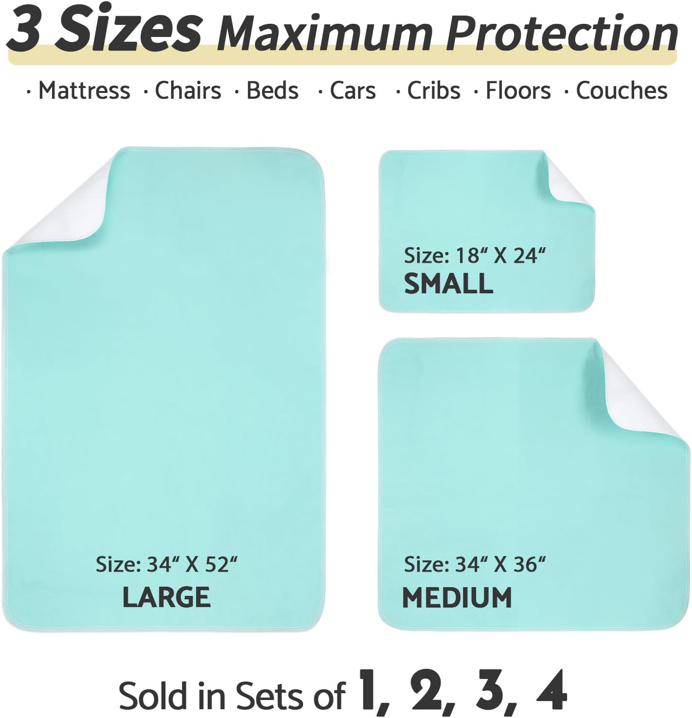 CoolShields Waterproof Bed Pads Incontinence 34'' x 52'' (4 Pack) Washable Reusable Bedwetting Mattress Protector Pad for Kids, Adults, Elderly, and Pets