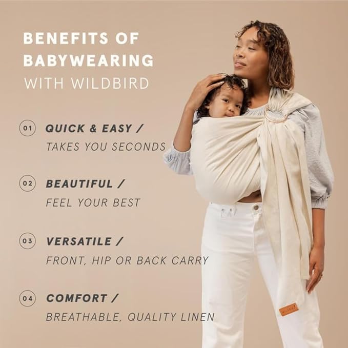 WildBird - Ring Sling Baby Carrier - Newborn to Up to 35 lbs - for Moms, Dads & Caregivers - 100% Natural EuropeanLinen Fibers - Versatile & Adjustable - 74” Size - Sparrow Fabric & Rose Gold Ring