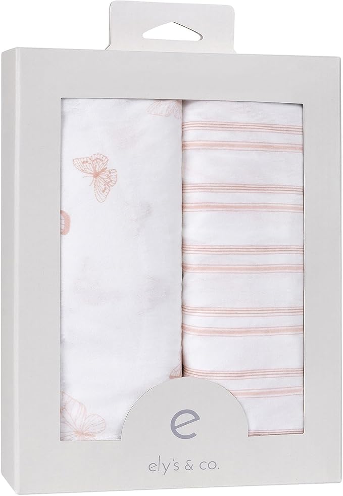 Ely’s & Co. Bassinet Sheets, Baby Girl Fitted Bassinet Mattress Sheet Set - 2 Pack, 100% Jersey Knit Cotton, fits Oval, Hourglass and Rectangle Mattress, Pink Butterly + Stripe, 32”x16”x3”