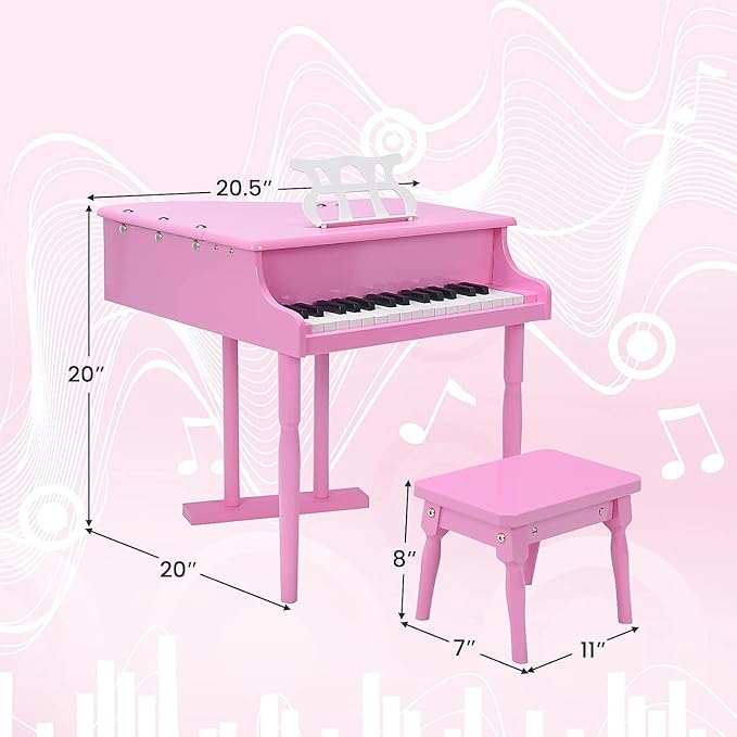 HONEY JOY Classical Kids Piano, 30-Key Mini Grand Piano with Music Stand and Bench, Wooden Musical Instrument Toy w/Lid & Music Rack, Gift for Boys Girls Ages 3+ (3 Straight Leg-Pink)