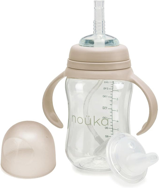 nouka Tritan Plastic Transitional Sippy Cup with Weighted Straw | Leak Proof and Easy Grip | Removable Handles | Soft Sand