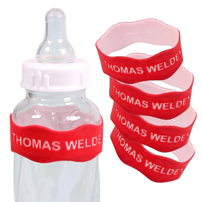 InchBug Orbit Labels - Baby Bottle Name Labels for Daycare, Sippy Cup Bands - Engraved Silicone, Reusable, Dishwasher Safe, White Contrasting Personalization, 4-Pack (Fire Truck Red)