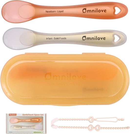 Silicone Baby Spoons 2-Pack with Case, New Born Self Feeding Toddler Spoon, Baby Led Weaning Supplies, Toddler Utensils with Safety Chain, Baby Eating Essentials, Dishwasher Safe