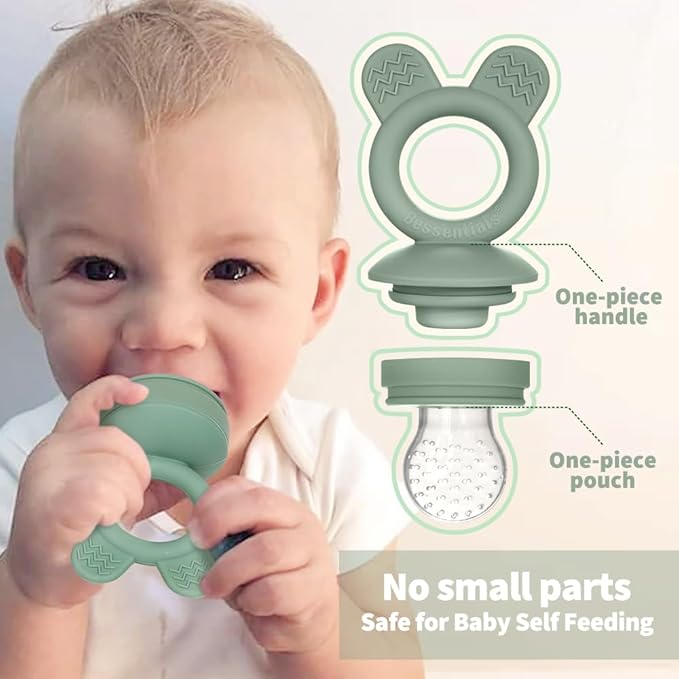 Bessentials Baby Fresh Fruit Food Feeder - 2 Pack Silicone Mesh Feeders for Infant Safe Self Feeding |3 Sizes Food Pouches Included| Suitable for Baby 4m+ (Light Pink & Grass Green)
