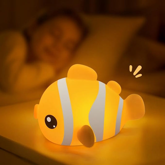 Cute Clownfish Night Light - Silicone Pat Pat Lamp with 3-Level Brightness Adjustment, Timer Function, Rechargeable Touch Control Nursery Nightlight for Baby Bedroom Decor