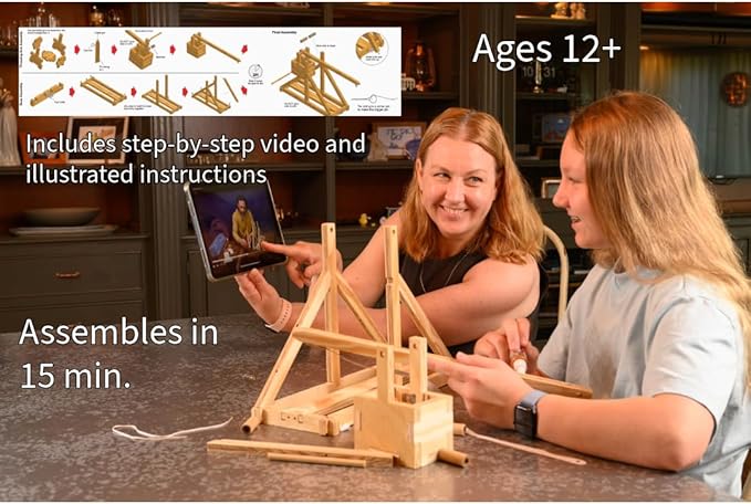 Wood Trebuchet kit for 12 and up, Fully Adjustable, launches 30+ ft. Made in America, Updated Design for 2025