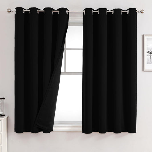 ChrisDowa 100% Blackout Curtains for Bedroom with Black Liner, 2 Thick Layers Total Blackout Thermal Insulated Grommet Window Curtains 2 Panels Set (Black, 52 x 54 Inch)