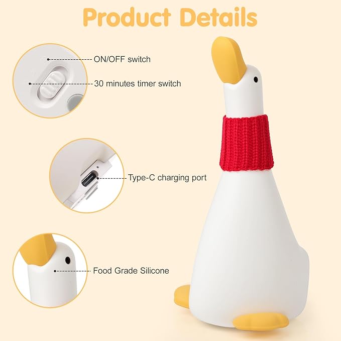 LED Duck Night Light for Baby Nursery, Toddler Fun Dream Duck Light Silicone Squishy Lamp, Rechargeable Bedside Touch Lamp, Christmas Gifts, Room/House Decor for Kids