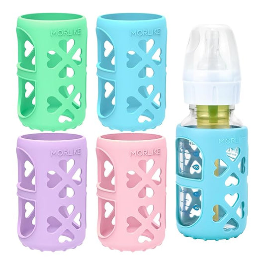 MORLIKE 4 Pack Silicone Sleeves Fit for 4 oz/120 mL Dr. Brown's Natural Narrow Glass Baby Bottle, 100% Silicone Covers Protect Glass Bottle, Easy to Grip Baby Bottle Holders for SB41001-P4, SB42003-P2