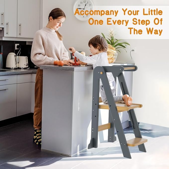 Toddler Tower, Foldable Step Stool for Toddlers, Toddler Kitchen Stool Helper with 3 Adjustable Height Safty Rail and Anti-Tip Structure, Learning Tower for Toddlers Kids Baby