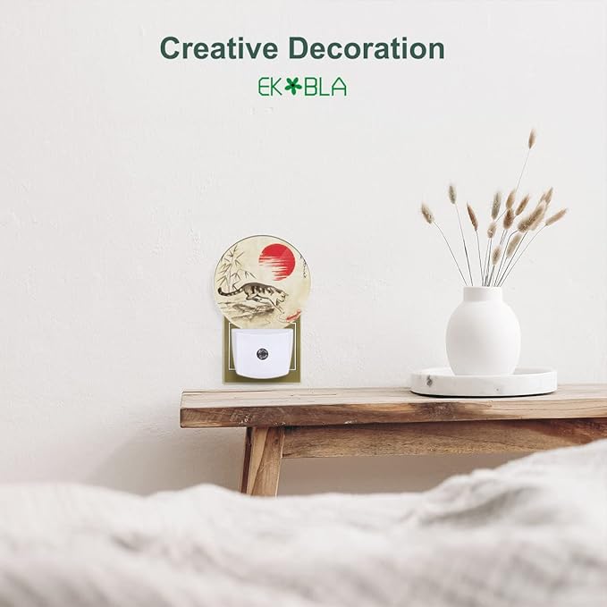 EKOBLA Fish in Pond LED Night Light Red Sun Bamboo Branch Cute Cat Play with Fish Dusk to Dawn Plug-in Nightlights Auto Sensor for Home Indoor Bathroom Hallway Kitchen