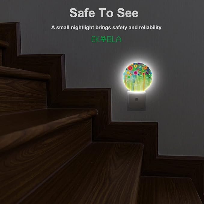 EKOBLA Green Floral LED Night Light Watercolor Wildflowers Spring Summer Green Flowers Dusk to Dawn Plug-in Nightlights Auto Sensor for Home Indoor Bathroom Hallway Kitchen