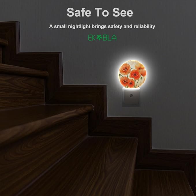 EKOBLA Floral Night Lights Plug into Wall Vintage Poppy Flower Red Orange Night Light LED Round Lamp for Boys Girls, Dusk to Dawn Sensor Nightlight for Stairway Hallway Kitchen