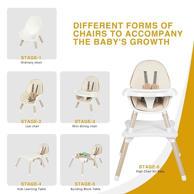 Gofirst 6 in 1 Baby High Chair,Convertible High Chairs for Babies and Toddlers/Booster Seat/Table and Chair Set,Baby Feeding Chair/5-Point Harness,4-Position Removable Tray&PU Cushion Baby Highchair