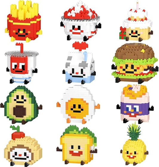12 Packs Food Building Block Sets, Food Micro Set, Mini Fruit Figurines Building Blocks, Food-Themed Micro Blocks Building Set for Adults Home Decor