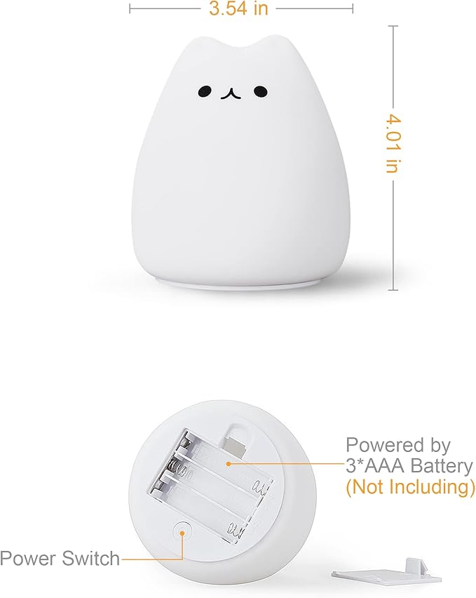 LED Cat Night Light, Battery Powered Night Light for Kids, Silicone Multicolor Cute Lamp with Warm White and 7-Color Breathing Mode, Christmas Gifts for Kids, Baby, Children (Celebrity Cat)