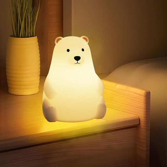 Polar Bear Silicone Night Light for Kids Nursery Bedroom - Tap Control, 3 Adjustable Brightness, USB Rechargeable, Child-Safe Soft Glow LED Lamp, Baby Gift Idea