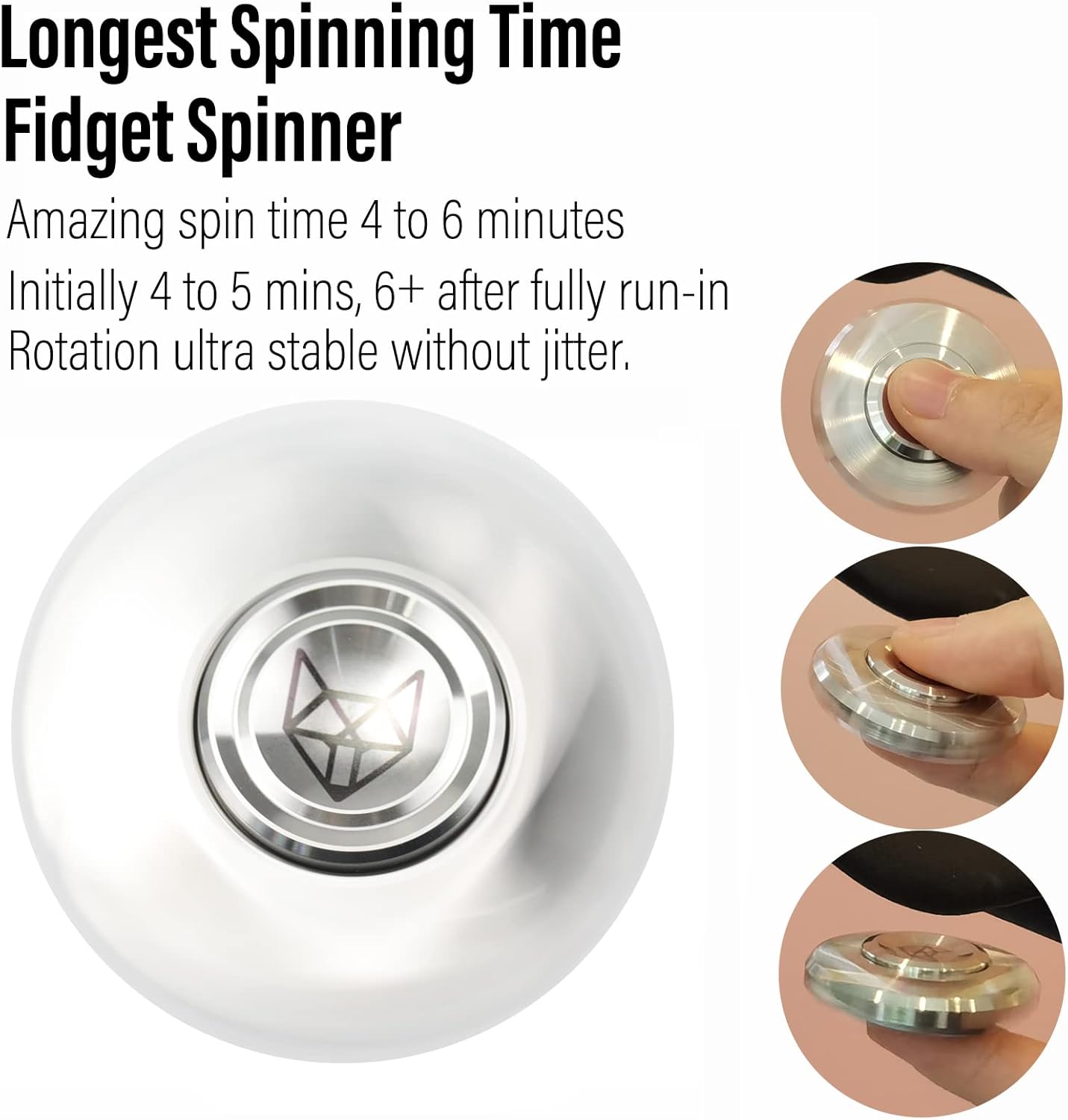 FREELOVE Metal Fidget Spinner, Stainless Steel Heavy, Long Spinning Toys, Cool Silent, Small Mini 4th Fox Figette Spiner for Adults Men Anxiety, Quiet Bearing, CNC Silver