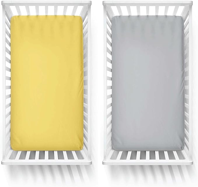 Featherhead™ 2-Pack Fitted Crib Sheets - 100% Cotton - 52" x 28" x 9" for Standard Crib and Toddler Mattress (Percale Grey Yellow)