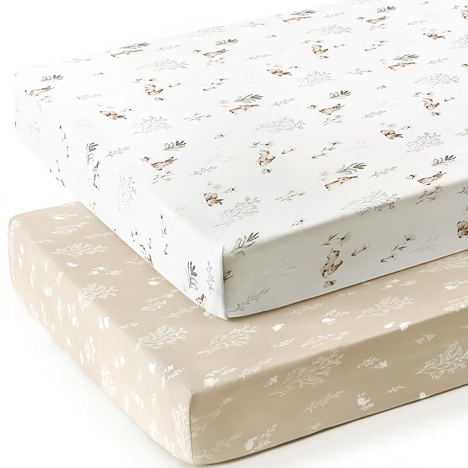 GRSSDER Stretch Ultra Soft Jersey Knit Fitted Crib Sheets Set 2 Pack，Fit All Standard Crib Mattress Pads Safe and Snug, Crib Fitted Sheet for Boys and Girls, Stylish Watercolor Rabbit Pattern