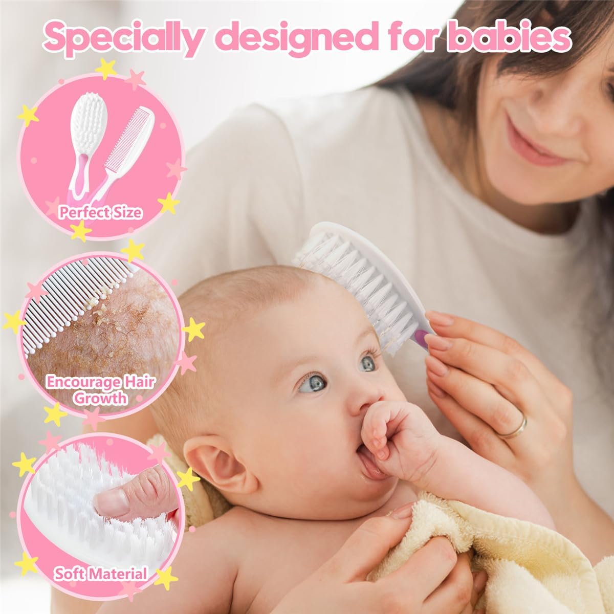 Baby Hair Brush and Comb Sets, New Born Baby Hair Brushes, Perfect Baby Registry Gift for Newborns(Pink)