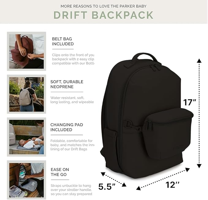 Parker Baby Drift Neoprene Backpack & Belt Bag | Roomy, Soft & Water Resistant | Travel Essentials w/Diaper Changing Pad | No-Bulk Design w/Adjustable Stroller Straps | Black