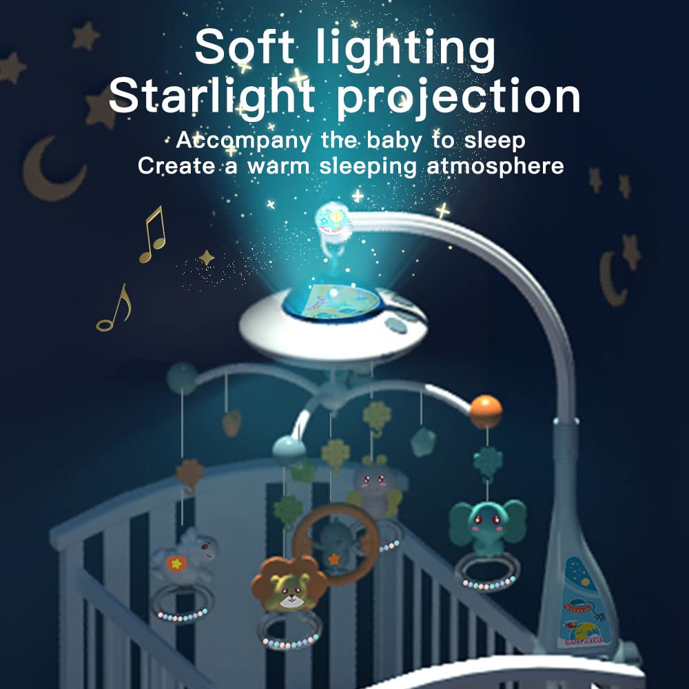 Baby Musical Crib Mobile with Night Lights and Relaxing Music,Hanging Rotating Animals Rattles,Stars Projection,Remote Control,for Boy Girl Newborn Baby Toys（Blue）