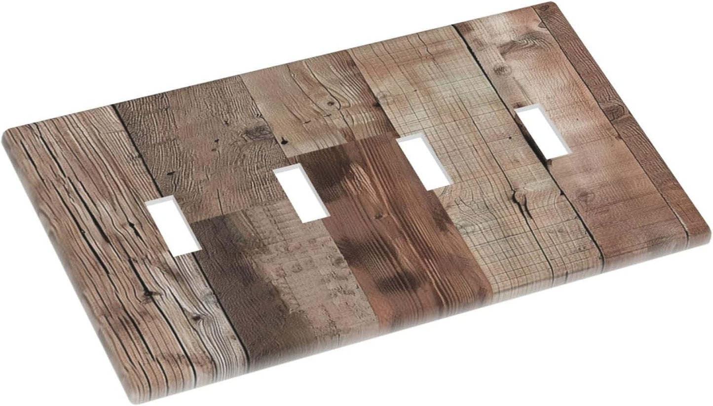 Decorative Switch Covers Plate Retro Wood Plank Vintaga Wooden Board Cabin 4 Gang Artistic Wall Plate Unique Quad Toggle Light Switch Plate Jumbo Faceplate for Bedroom Home Decor