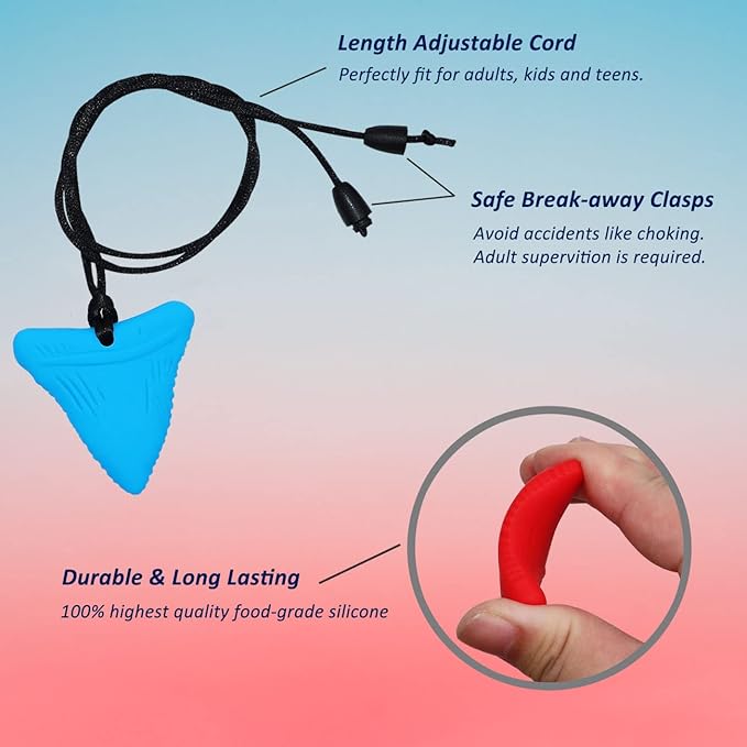 Sensory Chew Necklaces for Kids, Shark Tooth Silicone Chewy Necklace 5 Pack for Autism/ADHD/SPD, Autism Sensory Toys Reduce Chewing Fidgeting for Boys Girls Adults Chewer