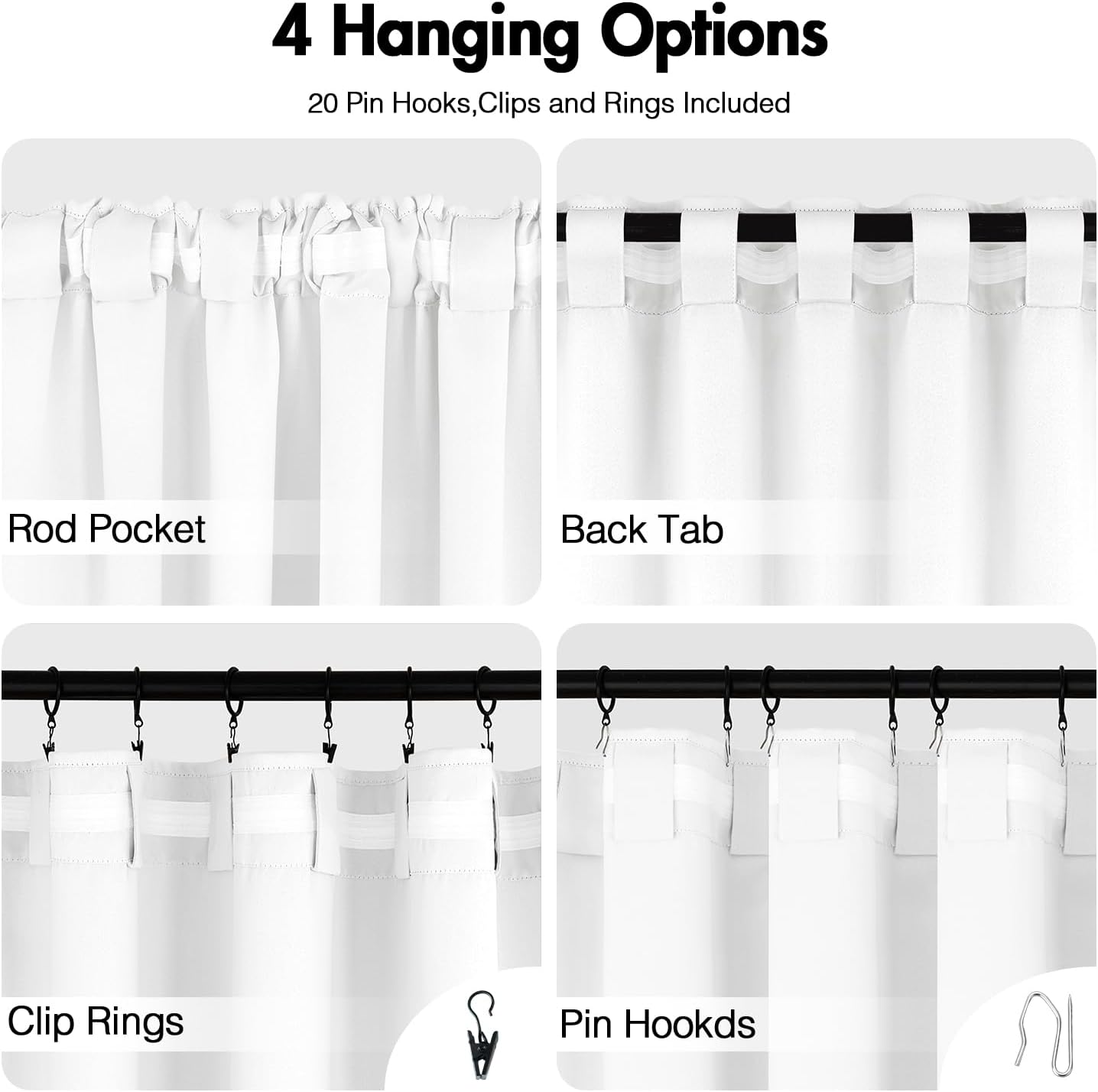 ANRODUO Back Tab Blackout Curtains for Bedroom Living Room, Rod Pocket Pinch Pleated Thermal Insulated Room Darkening Curtains 63 Inches Long 2 Panels, White, 42 x 63 Inch