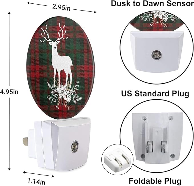 Tartan Checkered Plaid Nightlights Plug-in Reindeer with Christmas Bouquet Floral, Red Green Night Light Auto Dusk-to-Dawn Sensor Lamp for Boys Girls Bedroom Playroom, LEDLAMP3027