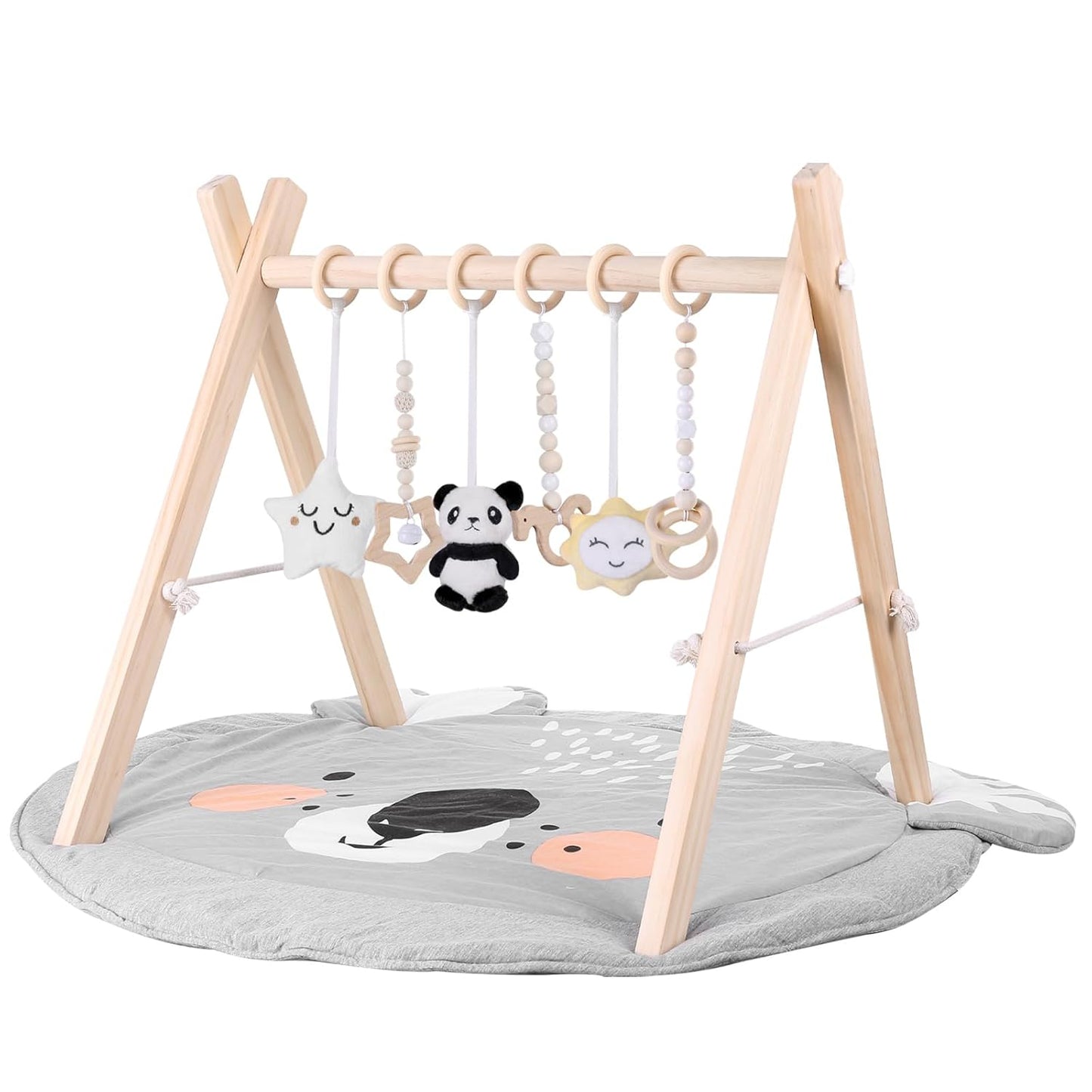 Baby Play Gym with Mat – Wooden Montessori Gym for Newborns 0-12M,Natural Pine Wood with 6 Sensory Toys,Foldable & Portable (Koala)