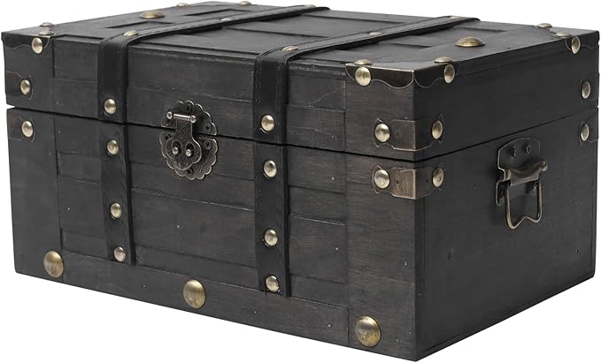Deluxe Wooden Treasure Chest - 11" x 7.1" x 5.5", Elegant Storage Box with Sturdy Hinged Lid, Vintage-Inspired Decorative Trunk for Keepsakes, Black