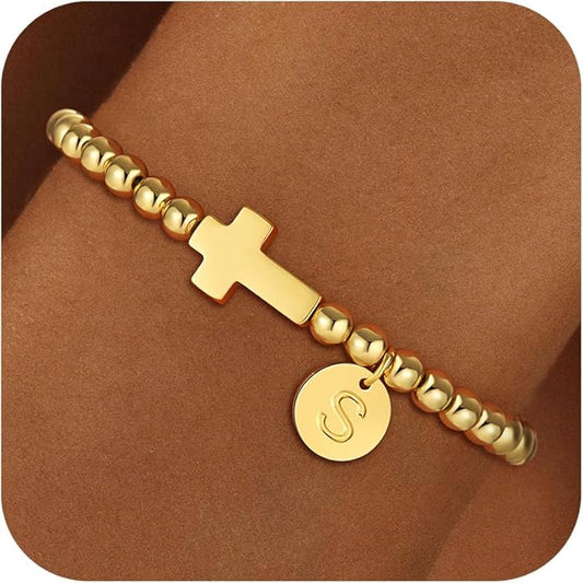 Gold Initial Bracelets for Women Girls Kids, Dainty 18K Gold Plated Cross Initial Bracelet Non Tarnish Beaded Bracelets Personalized Birthday Gifts for Women Girls Jewelry